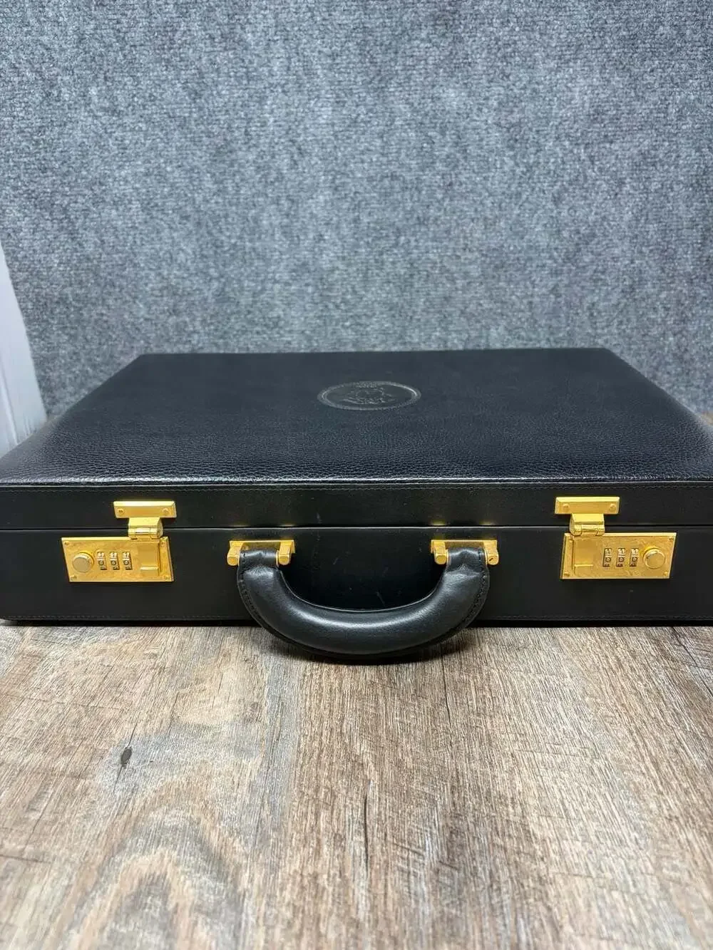 Gianni Versace Vintage Medusa Embossed Black Leather Hard Case Briefcase-Luxury